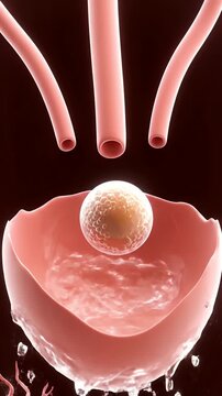 Detailed 3D Visualization of the Female Ovulation Process Showing an Egg Cell Releasing from the Ovary into the Fallopian Tube with Fluid Dynamics