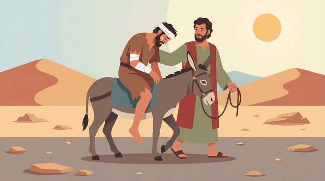 Good Samaritan helping injured man on donkey in desert, biblical parable illustration, AI generated