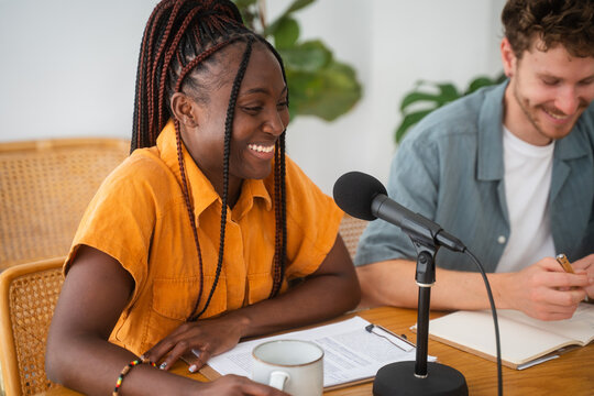 Positive Colleagues During Podcast Broadcasting