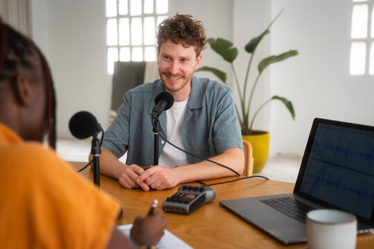 Positive Colleagues During Podcast Broadcasting