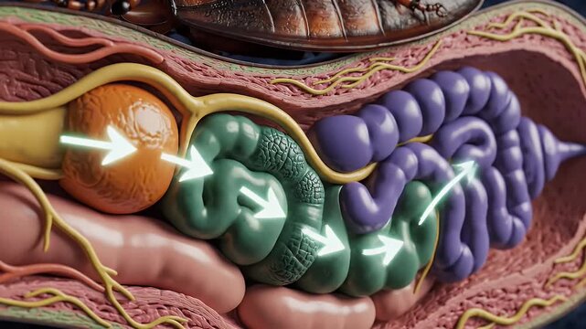 Detailed Anatomical Cross Sectional View of Human Digestive System with Vibrant Colors Illustrating Nutrient Absorption and Digestion Processes