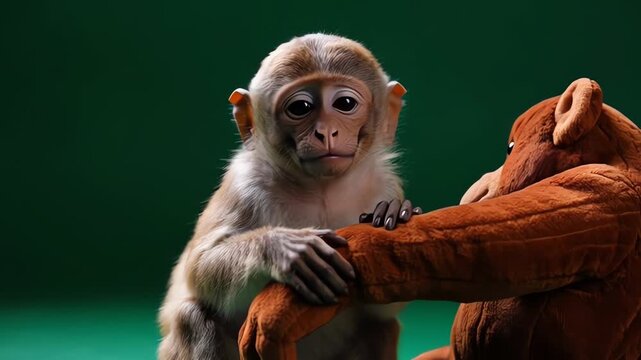 Adorable baby monkey holding a plush orangutan toy