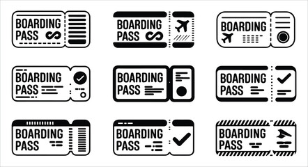 Airplane boarding pass icon set with check mark symbols for flight verification and booking © MDABDUR
