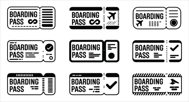 Airplane boarding pass icon set with check mark symbols for flight verification and booking