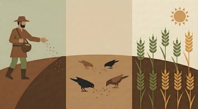 Parable of the Sower with Jesus Christ scattering seeds in a field biblical illustration, AI generated