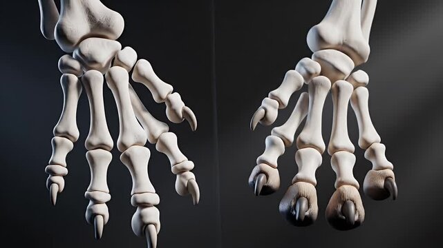 Detailed Anatomical Study of Mammalian Forelimbs Comparing Primate Hand to Ungulate Hoof Structure with Realistic Bone Textures and Dramatic Lighting