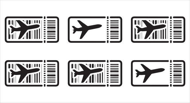 Boarding pass icons set isolated on white background, black airplane travel tickets