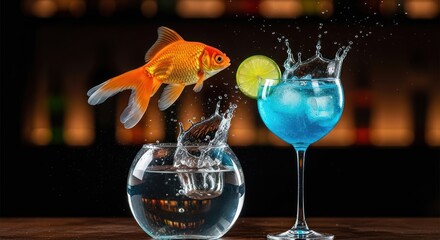 Goldfish jumping from fishbowl towards blue cocktail glass on a bar counter, capturing a dynamic moment in a lively bar environment from a straightforward viewpoint.