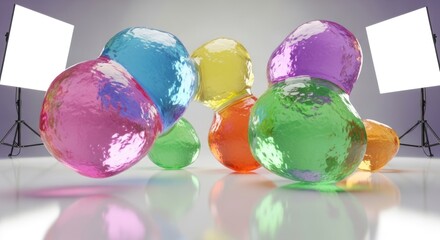 A collection of colorful glass balls on a reflective surface lit by studio lights