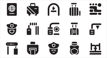 Airport and travel security icons with passport, luggage, and gate