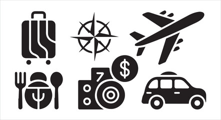 Travel related vector icon set including suitcase, compass, airplane, food, camera and taxi © MDABDUR
