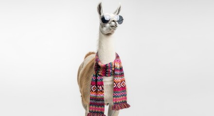 A vibrant llama wearing sunglasses and a colorful poncho standing against a clean white background viewed from the front