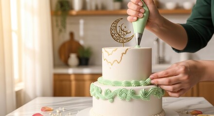 A person decorating a white cake with green icing and golden designs in a kitchen environment with natural light