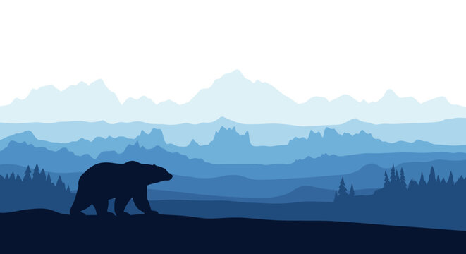 Illustration of a polar bear walking on a snowy landscape with an iceberg and mountains in the background, celebrating Polar Bears International day.