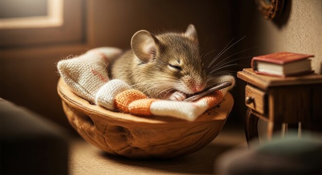 A serene mouse resting in a cozy basket surrounded by soft blankets on a wooden floor beside a bedside table with books