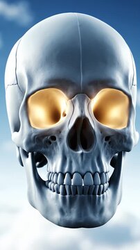 Detailed Human Skull Anatomy With Glowing Orange Eye Sockets Against A Cloudy Sky Background In Dramatic Lighting