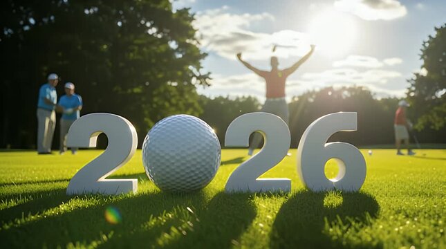 Large white three dimensional numbers displaying the year two thousand twenty six rest on a bright green golf course fairway during sunset.