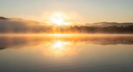 Serene sunrise over a misty lake with golden sunlight reflecting on calm water amidst forested hills creating a tranquil and peaceful morning atmosphere