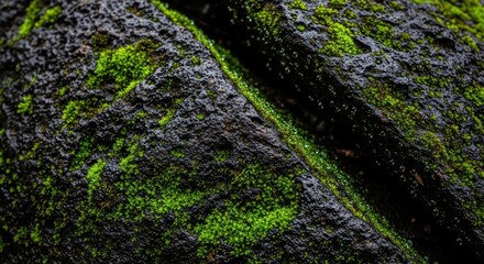 Close-up view of rugged rock surface with vibrant green moss growth in a natural outdoor environment