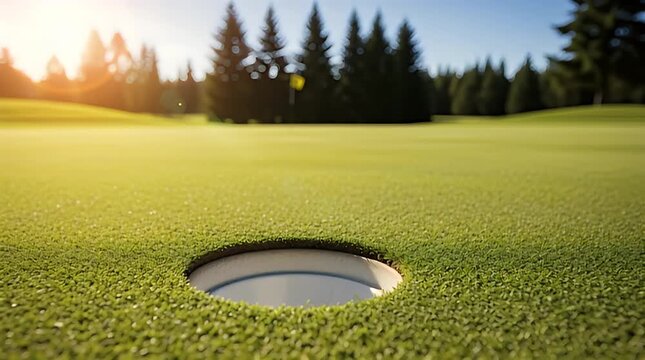 White golf ball teetering on the very edge of the hole, seconds away from dropping into the cup, an iconic image of suspense and anticipation on the green.