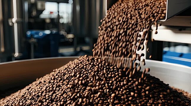 Freshly roasted coffee beans cascade into a large industrial bin, signifying the processing stage of high-quality coffee production within a bustling factory environment, ready for packaging.