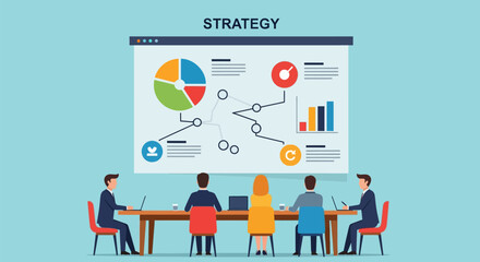 Corporate Strategy Planning Meeting. Business Team Analyzing Data Infographics, Charts, and Financial Metrics on a Presentation Screen. Flat Vector Illustration.