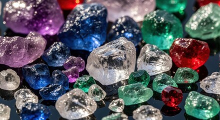 A collection of colorful gemstones scattered on a reflective surface viewed from above