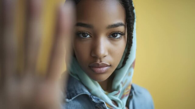 Serious young Black woman making a stop gesture with her hand towards the camera against a solid yellow background.