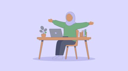 Fototapeta premium Vector illustration of an employee stretching at a remote desk with a laptop on a calm purple background.