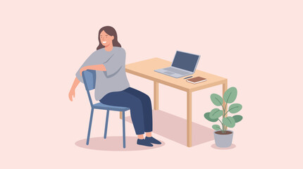 A vector illustration of a relaxed employee stretching at her desk during remote work in a pastel home office.