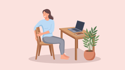 Vector illustration of a woman employee stretching her back at a home office desk during remote work.