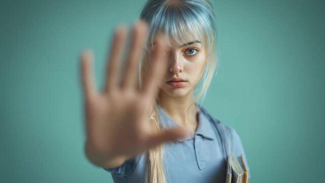 Serious young woman with blue hair holding a book and making a stop gesture with her hand towards the camera on a teal background