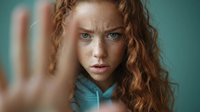 Serious young woman with curly red hair and freckles making a stop gesture with her hand against a blue background