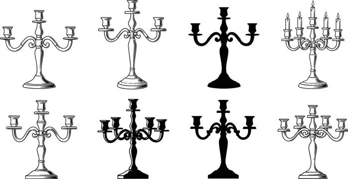 Elegant candelabra illustration set featuring classic candle holders, vintage decorative lighting designs isolated on white background, ornate black and outline vector collection