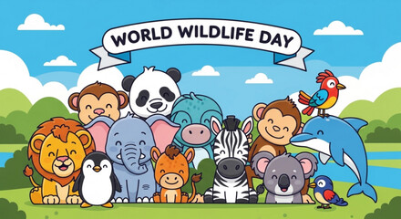 Fototapeta premium World wildlife day cartoon animals group illustration