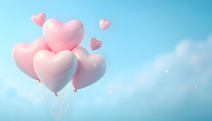 Fototapeta premium Bunch of Red and Pink Heart Shaped Balloons Isolated on Light Blue Background