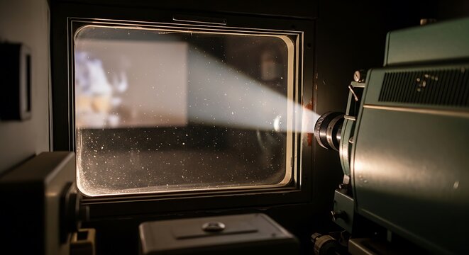 Vintage film projector displaying classic movie scene in dark room 4k