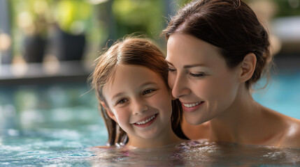 Fototapeta premium Faceless joyful mother and giggling young daughter having fun together in refreshing swimming pool at home, family recreation, with copy space