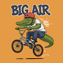Naklejka premium Cartoon Style Crocodile Riding BMX Bicycle Doing Big Air Trick Illustration