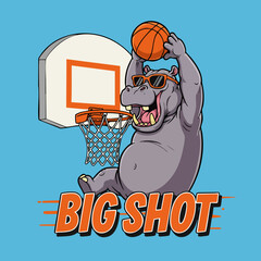 Cartoon Style Hippopotamus Dunking Basketball with Sunglasses Illustration © Grafina
