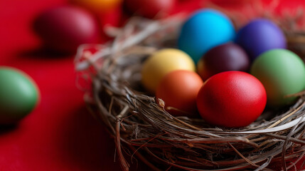 Obraz premium Colorful eggs in nest placed on red background during Easter season, spring celebration, seasonal decoration, vibrant display, holiday arrangement, with copy space