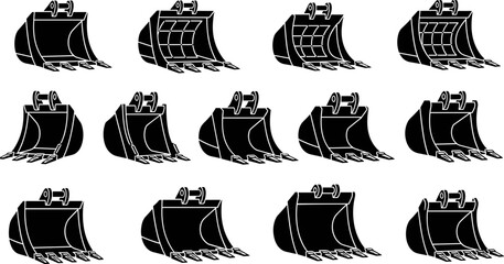 Excavator bucket silhouette vector set, construction machinery attachments collection, black and white heavy equipment tools illustration for engineering, mining, industrial design © Beauty