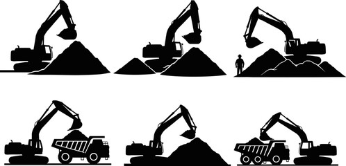 Excavator and Dump Truck Heavy Equipment Silhouettes Working in Mining Quarry Digging Loading Materials, Industrial Construction Machinery Vector Illustration Set, Digging Coal © Beauty