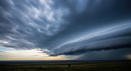 Dramatic supercell thunderstorm with ominous dark clouds and heavy rain falling over a vast flat landscape under a dramatic moody sky at dusk conveying a sense of awe and natural