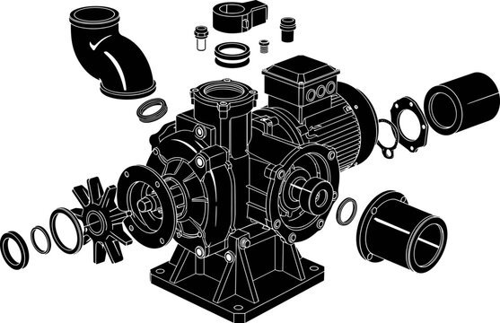 Exploded view black vector illustration of a disassembled centrifugal pump with electric motor, showing all mechanical parts and seals, symbolizing engineering, maintenance,  