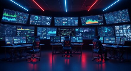 Fototapeta premium High-tech control room with multiple screens and futuristic interface abstract 4k