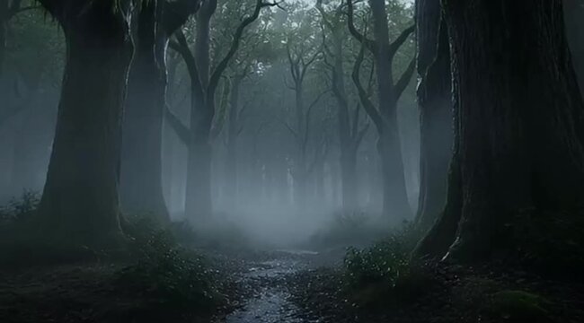 Eerie forest path shrouded in mist, creating a sense of mystery and intrigue
