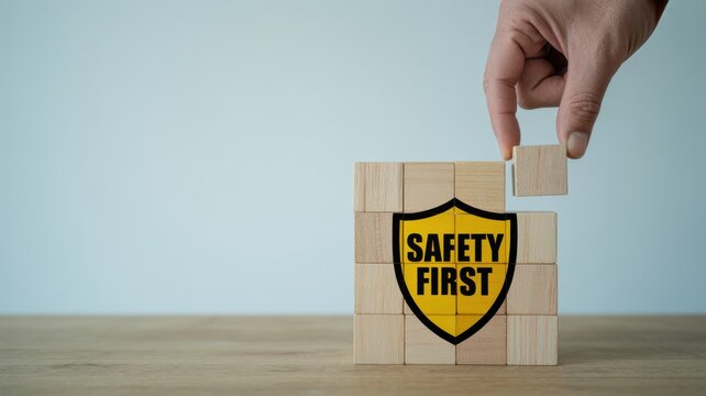 Hand places final block completing a 'SAFETY FIRST' shield, symbolizing strong foundation and commitment to security.
