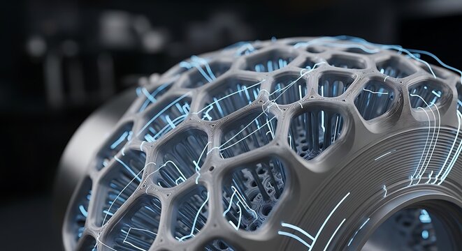 Futuristic 3d rendered geometric sphere with glowing blue patterns abstract background