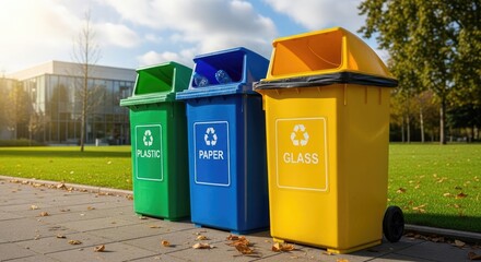 Three colorful recycling bins for plastic paper and glass placed outdoors on a sunny day in a park or campus setting with green grass and trees promoting environmental